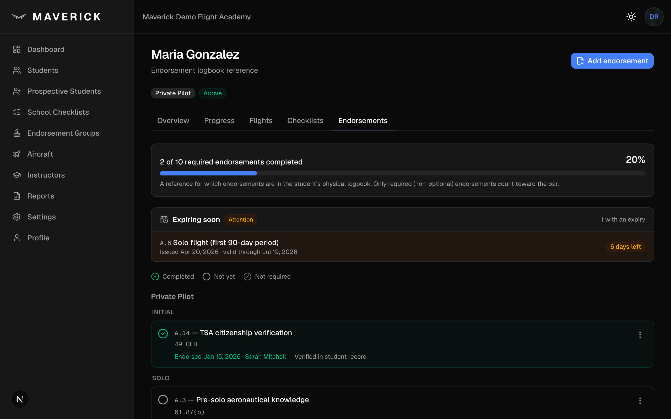 Maverick endorsements view showing endorsements grouped by phase of training with an alert for endorsements expiring soon