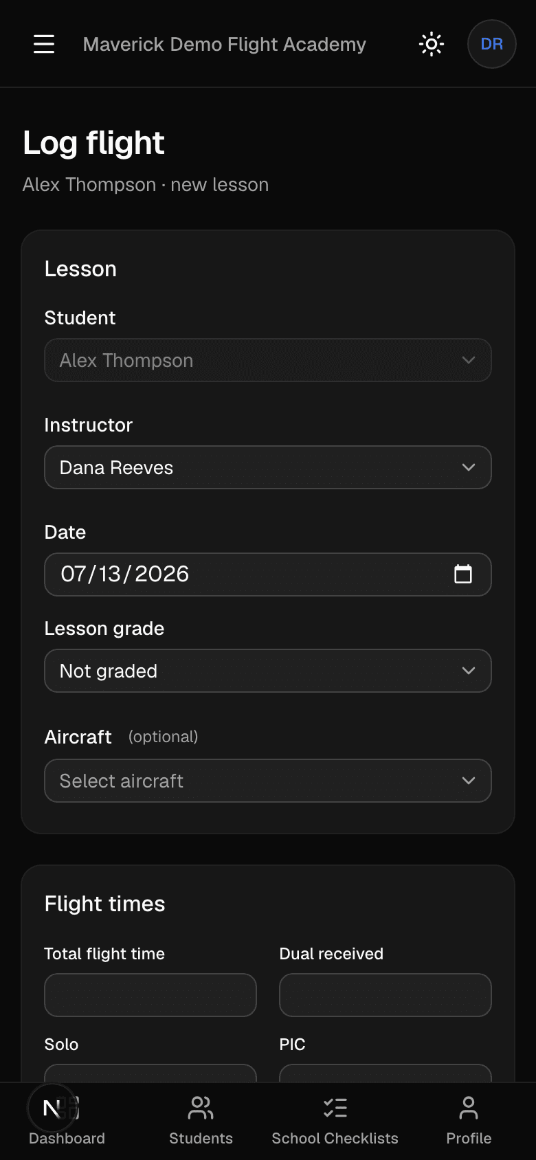 Maverick flight log entry form on a phone, showing lesson details and decimal-hour flight time fields for a logged lesson