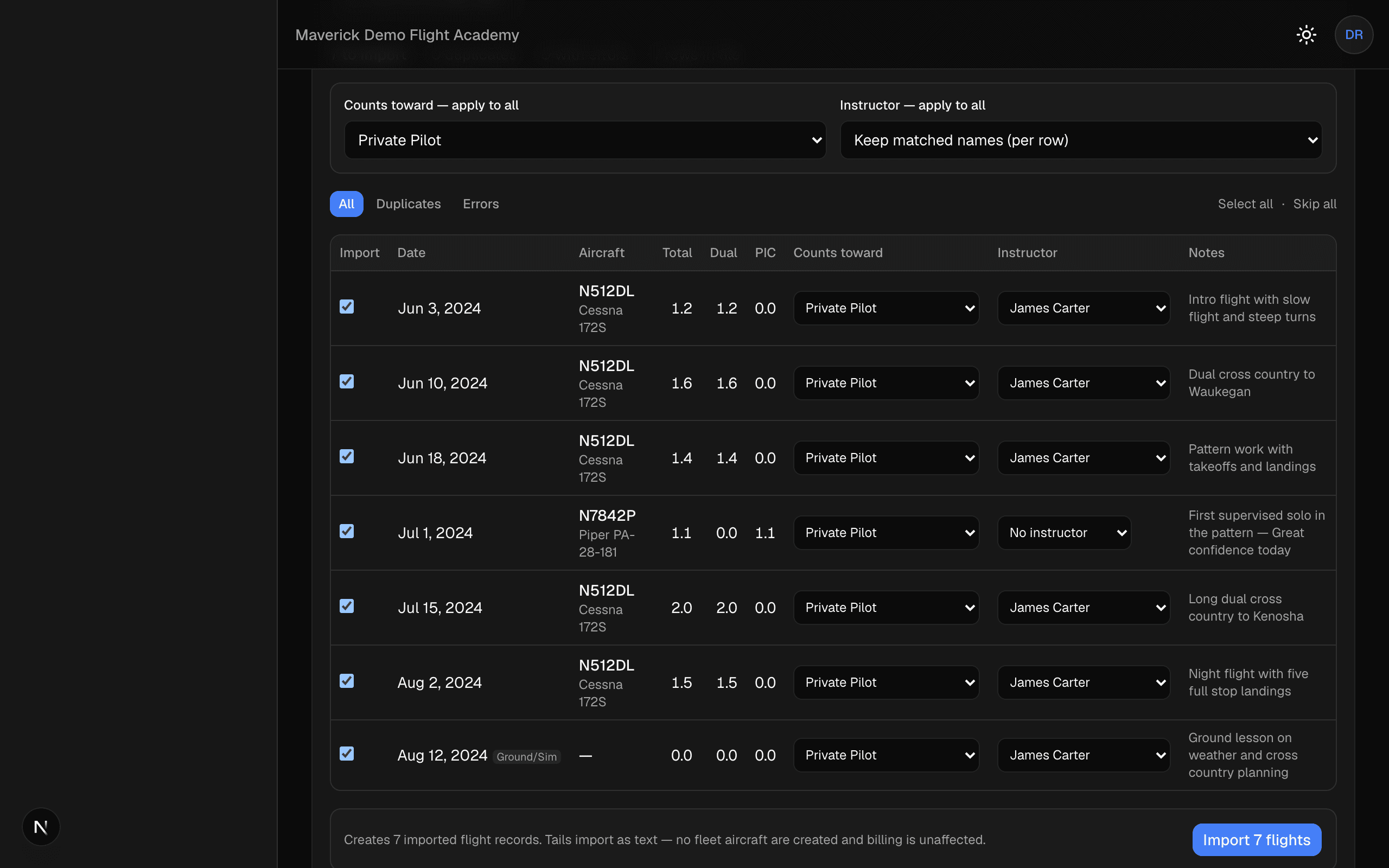 Maverick record-import preview showing detected flights from an uploaded logbook export, ready to review before importing
