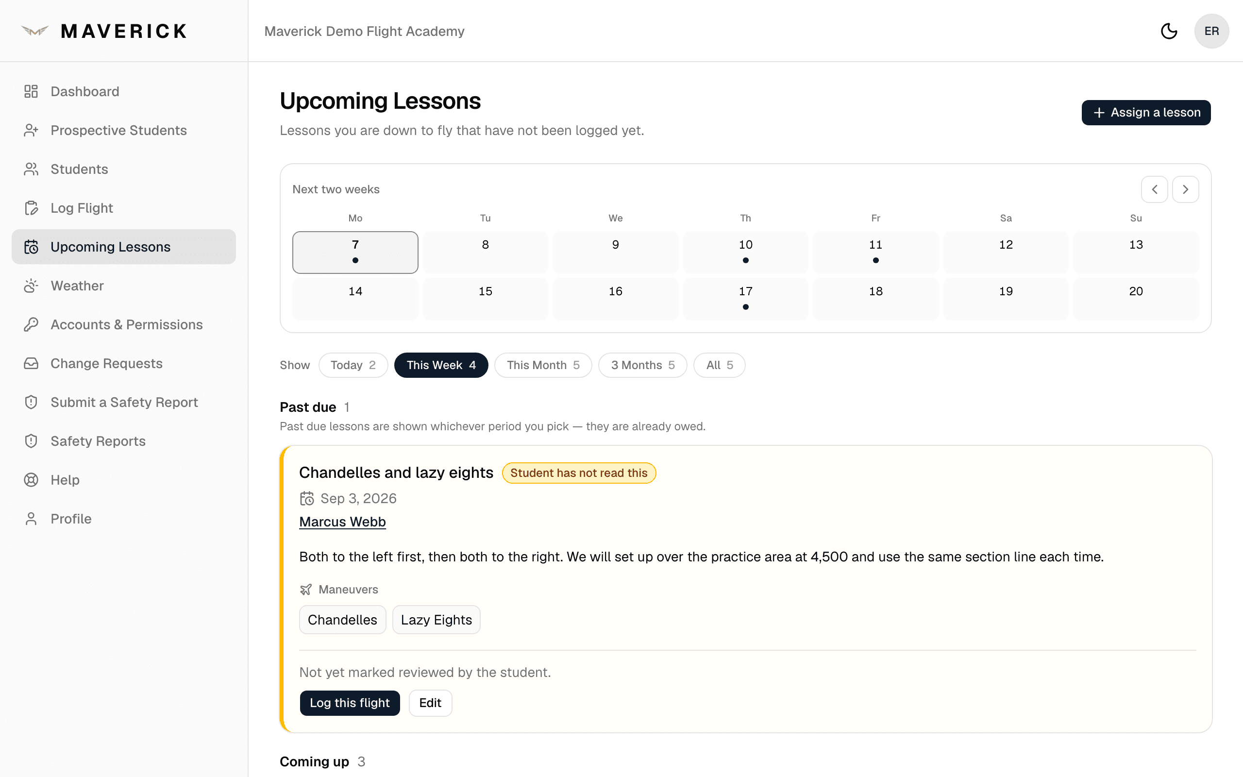 An instructor's Upcoming Lessons page showing a two-week day grid, period tabs with counts, a past due lesson, and a lesson flagged as not read by the student