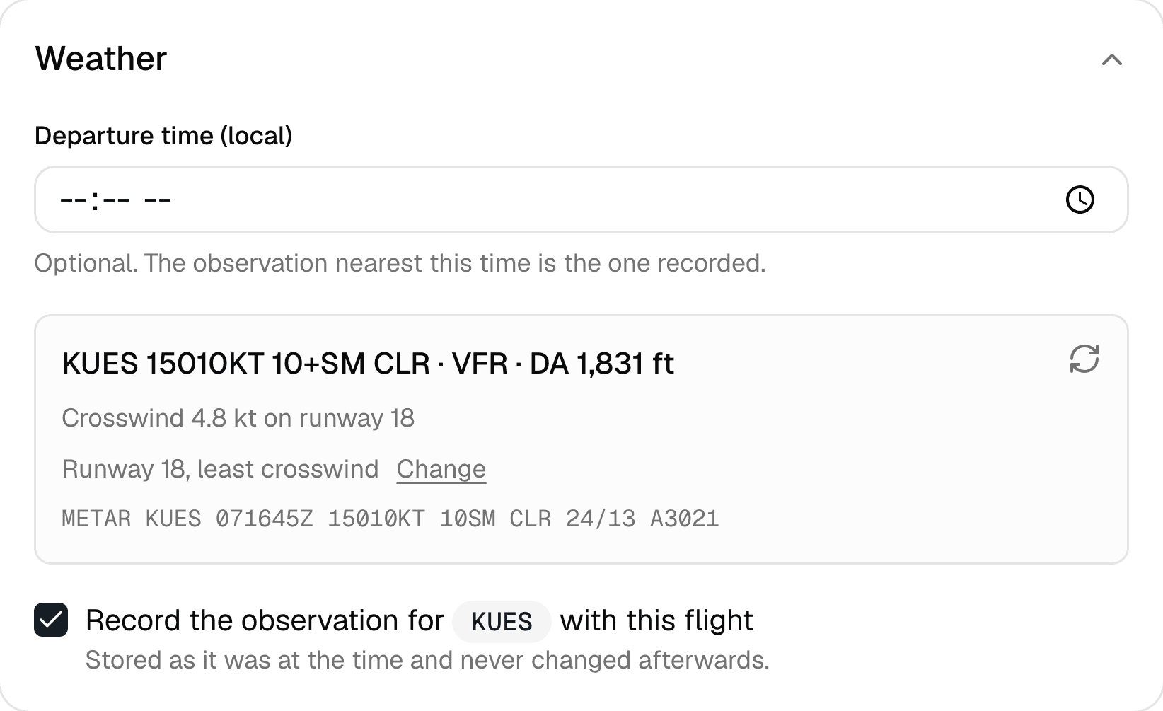 Maverick flight log weather section showing the observation fetched for the departure airport, with the decoded conditions, the crosswind on the resolved runway, and the raw report stored beneath them