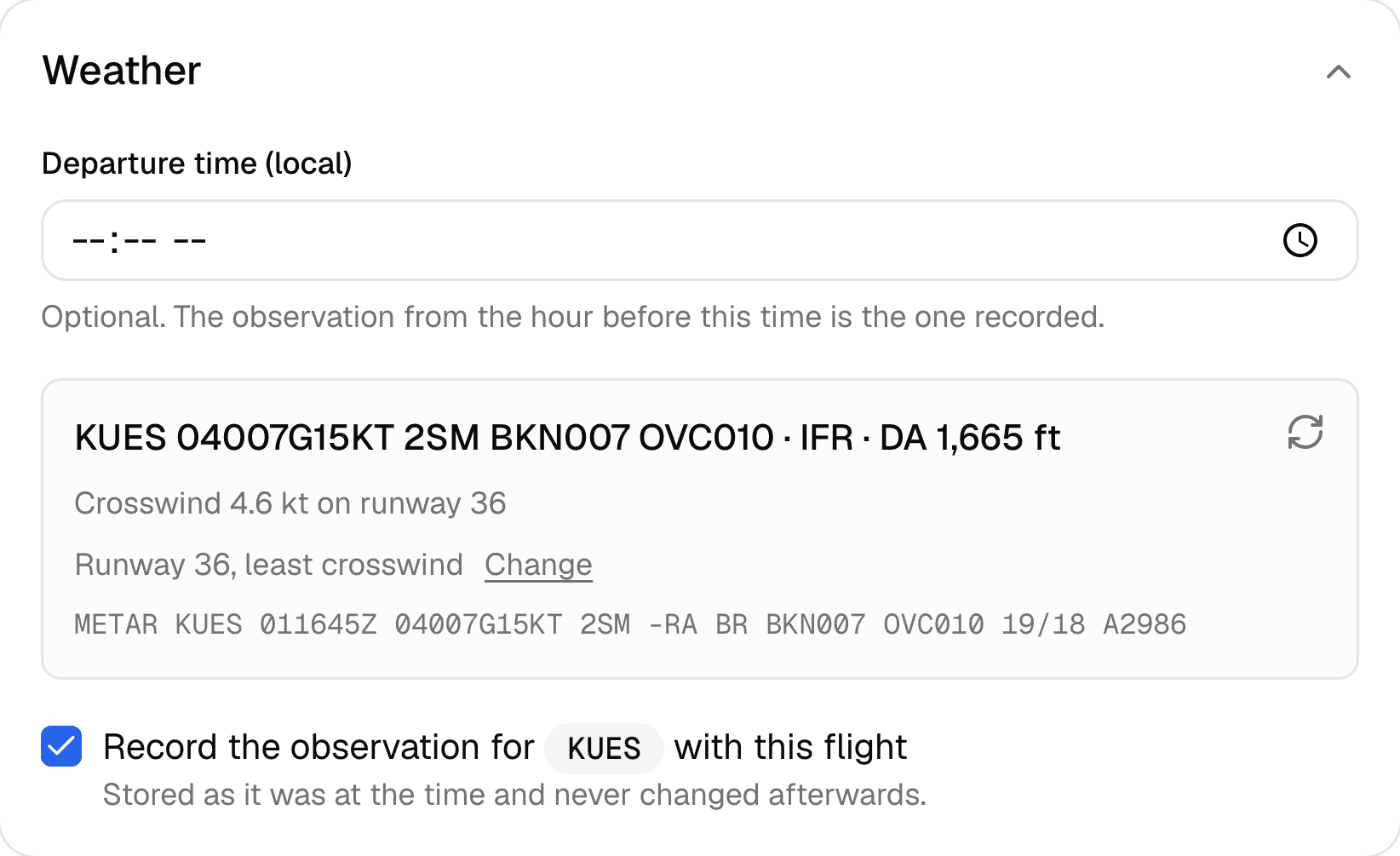 Maverick flight log weather section showing the observation fetched for the departure airport, with the decoded conditions, the crosswind on the resolved runway, and the raw report stored beneath them